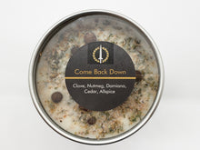 Come Back Down, Soy Wood Wick Container Grounding Spell Candle, 8 oz tin, Clove, Allspice, Cedar, Nutmeg, Damiana